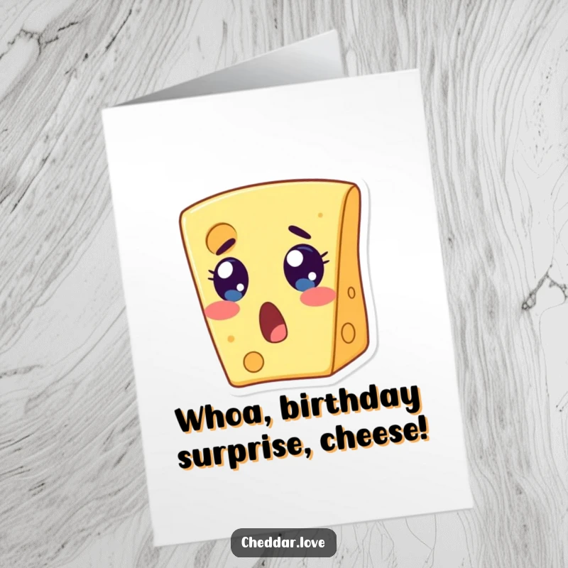 Funny Free Printable Birthday Card: A cheese slice with wide, startled eyes and an open mouth, expressing pure birthday shock.