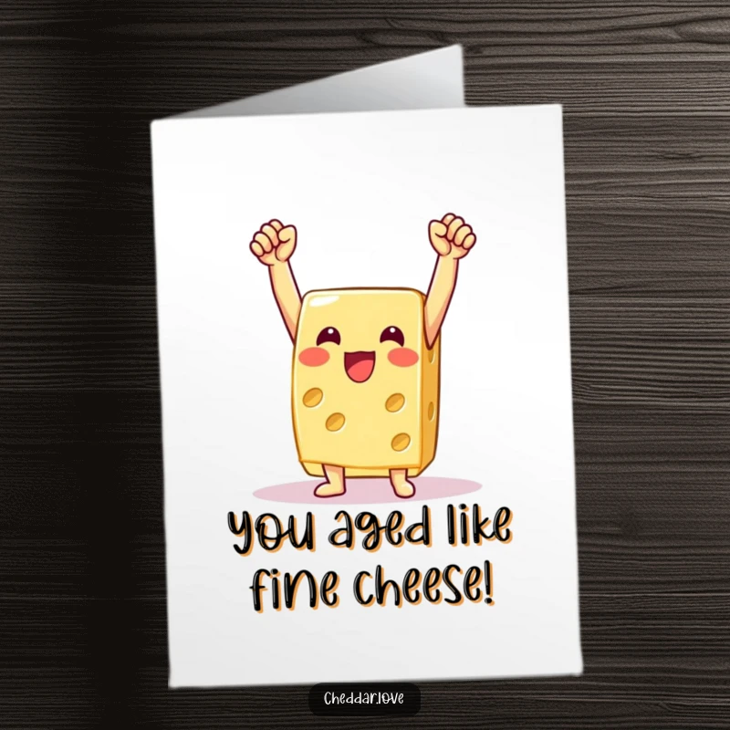 Funny Free Printable Birthday Card: A triumphant cheese wedge with arms up celebrating a victorious win.