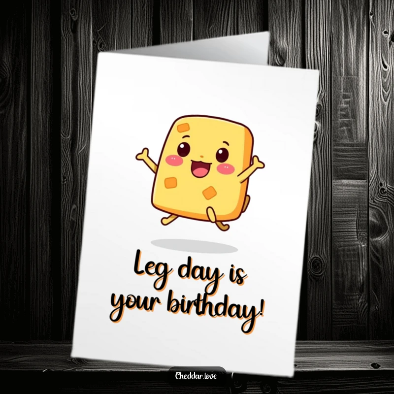 Funny free printable birthday card with a two-legged cheese character leaping with joy, ready to celebrate your special day.