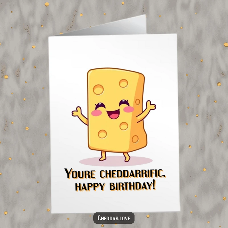 Funny Free Printable Birthday Card: Smiling cheddar cheese wedge doing a joyful little dance, birthday cheer.
