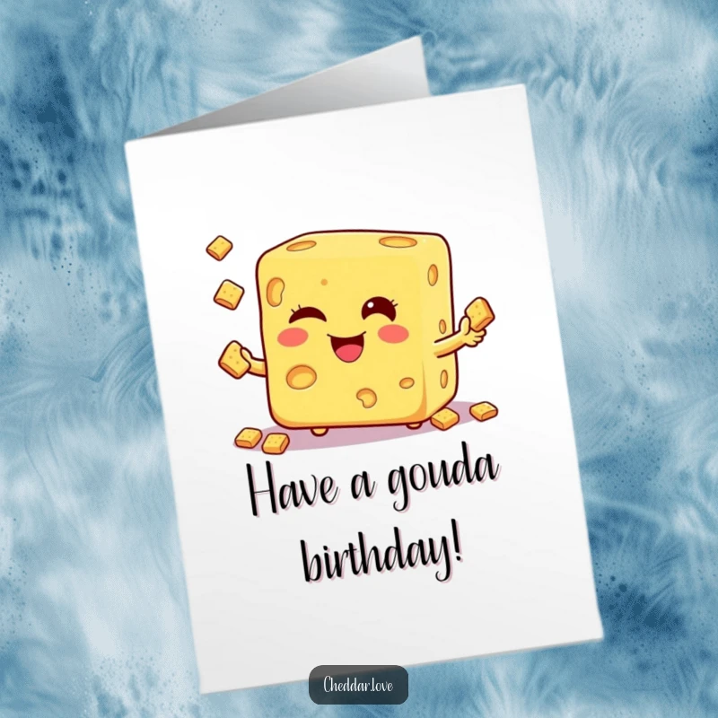 Funny Free Printable Birthday Card: Winking cheese cube skillfully juggles crackers, celebrating your special day with flair.