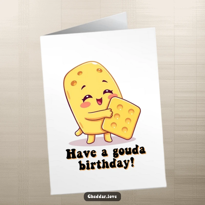 Funny free printable birthday card showing a cheese character giving a huge, affectionate hug to a cracker.