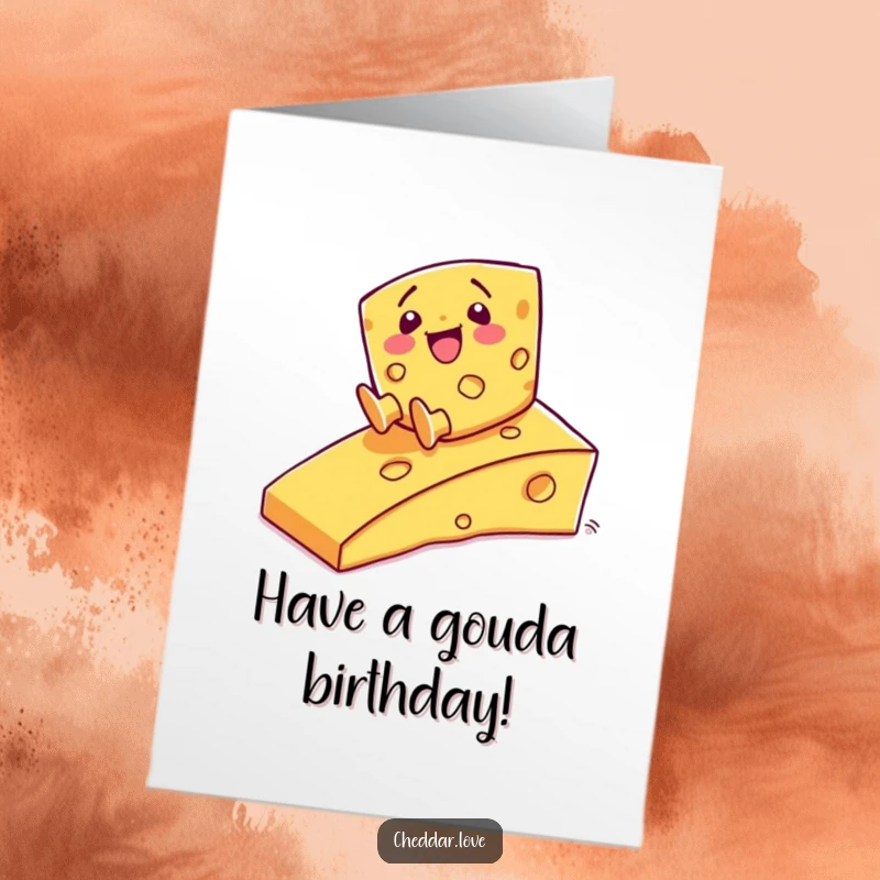 Funny Free Printable Birthday Card: A cheerful cheese character joyfully sliding down a ramp made of cheese.