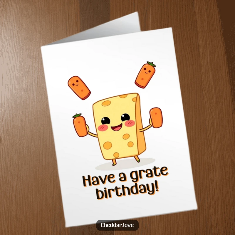 Funny Free Printable Birthday Card: a grinning cheese slice gleefully juggles tiny pepperonis, celebrating a birthday.