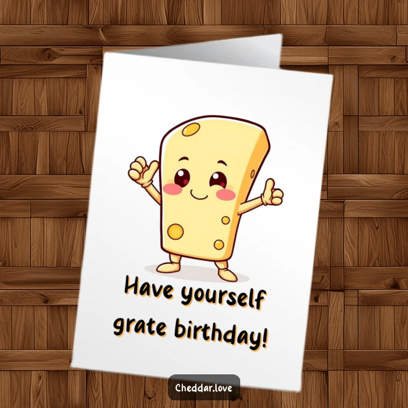 Funny Free Printable Birthday Card: A happy cheese character strikes a heroic pose, celebrating a birthday with flair.