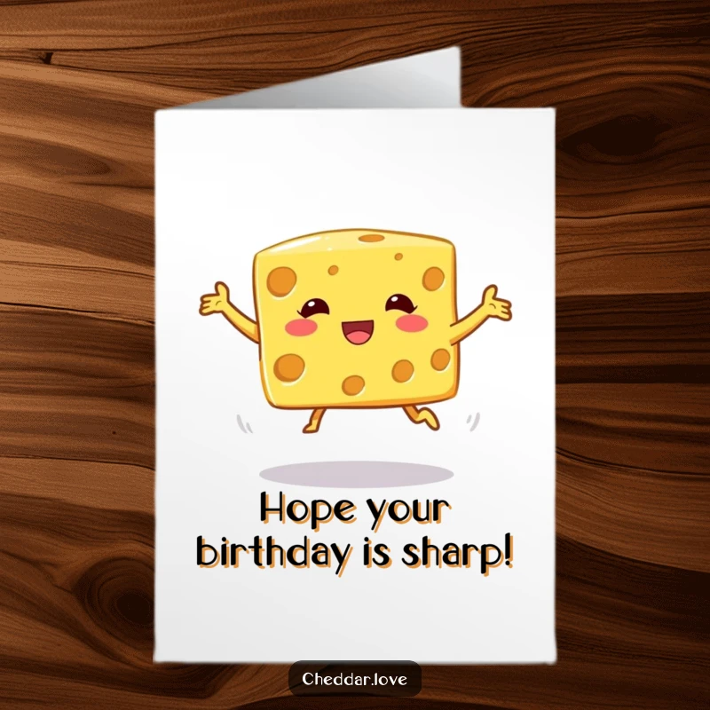 Funny Free Printable Birthday Card: A cheese cube character in a silly, unbalanced, wobbly jump.