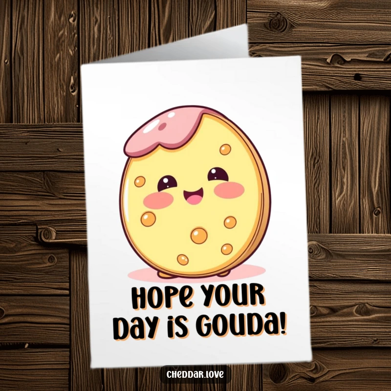 Funny Free Printable Birthday Card showing a round of cheese blushing happily with a sweet, content expression.