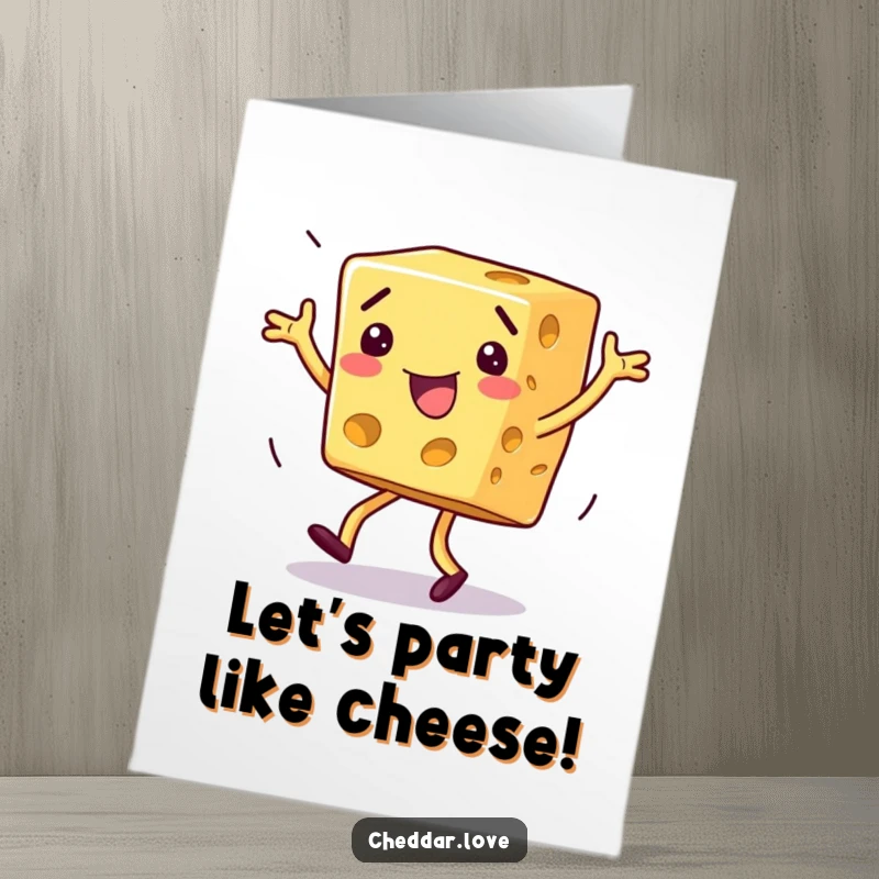 Funny Free Printable Birthday Card featuring a block of cheese doing a silly, exaggerated dance move, spreading birthday joy.
