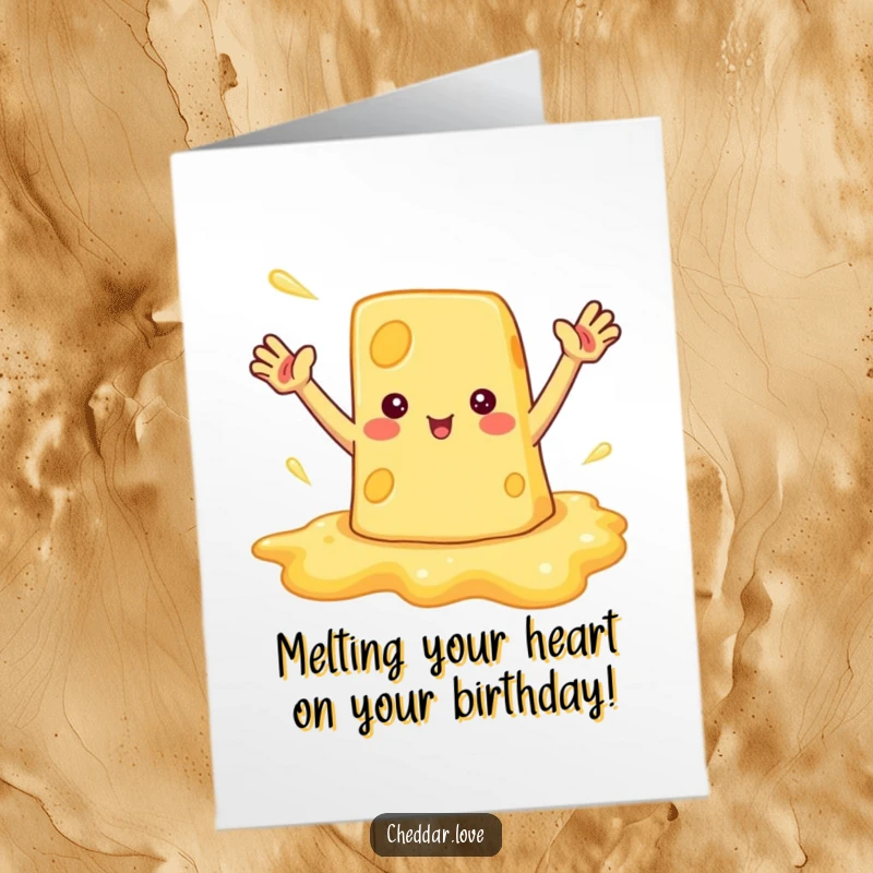 Funny Free Printable Birthday Card featuring a happy melted cheese puddle waving enthusiastically, a DIY gift.