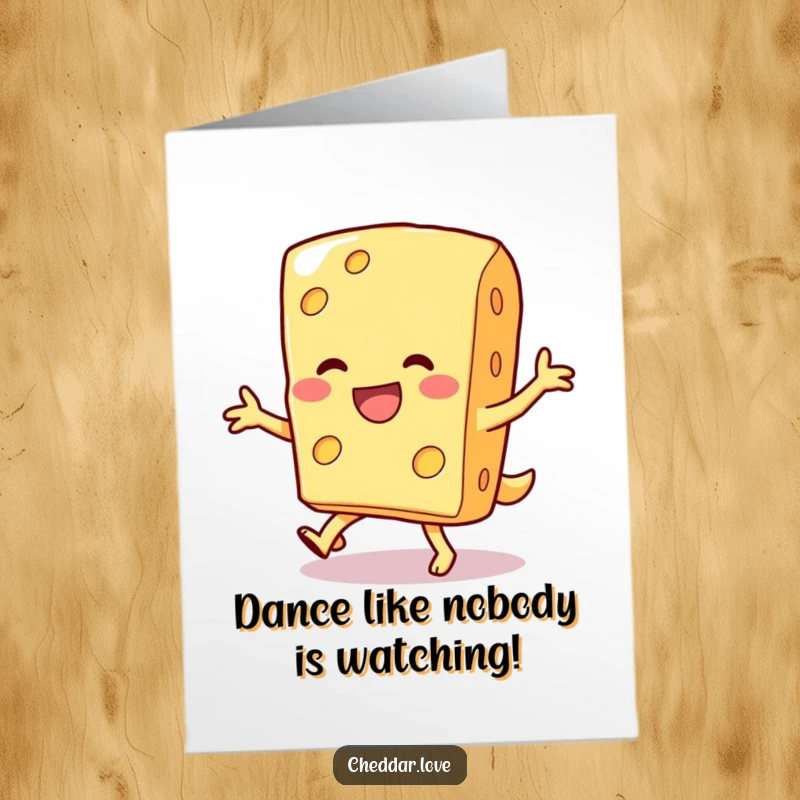 Funny Free Printable Congrats Card: Cheesy piece with a wide smile doing a silly dance, celebrating success.