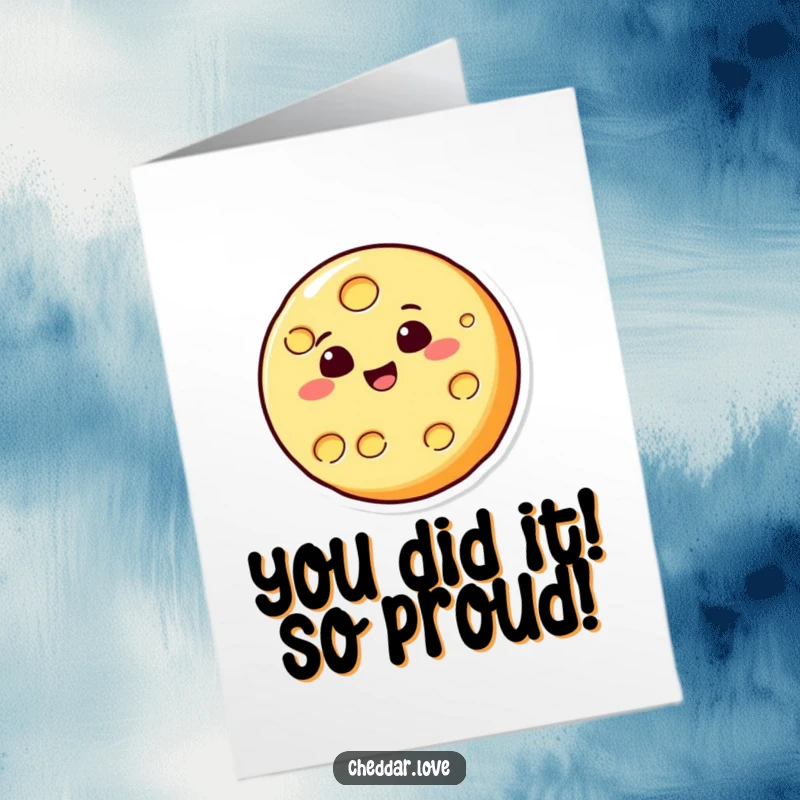 Funny Free Printable Congratulations Card: A circular cheese slice happily bounces, celebrating your success with cheesy enthusiasm.