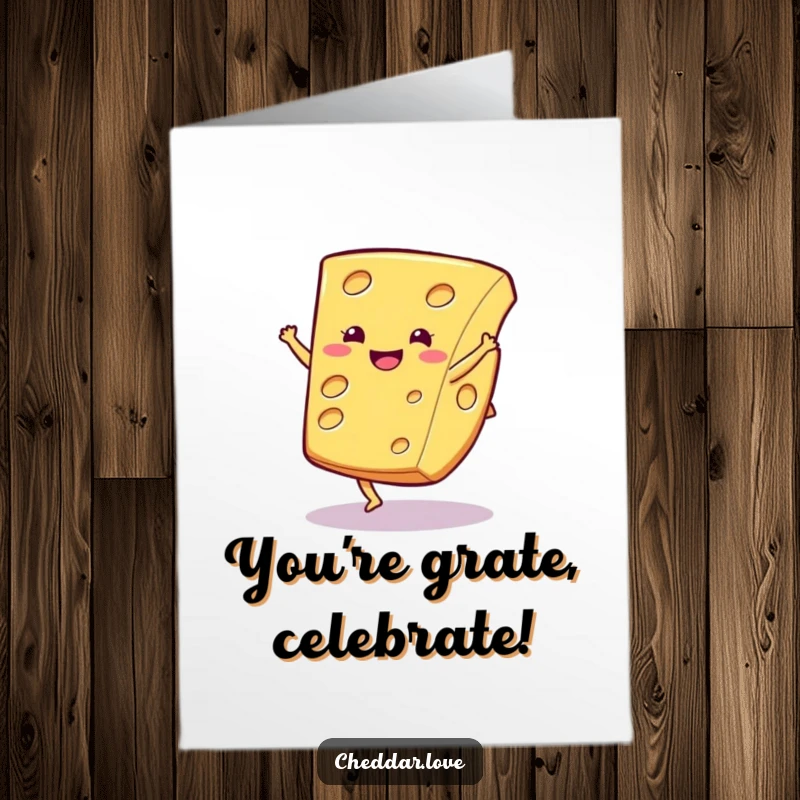 Funny Free Printable Congratulations Card: A delighted cheese slice performing a cartwheel, embodying pure celebratory energy.