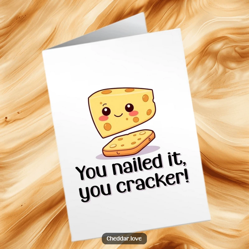 Funny Free Printable Congratulations Card: A happy cheese slice precariously balanced on a cracker, celebrating a major win.