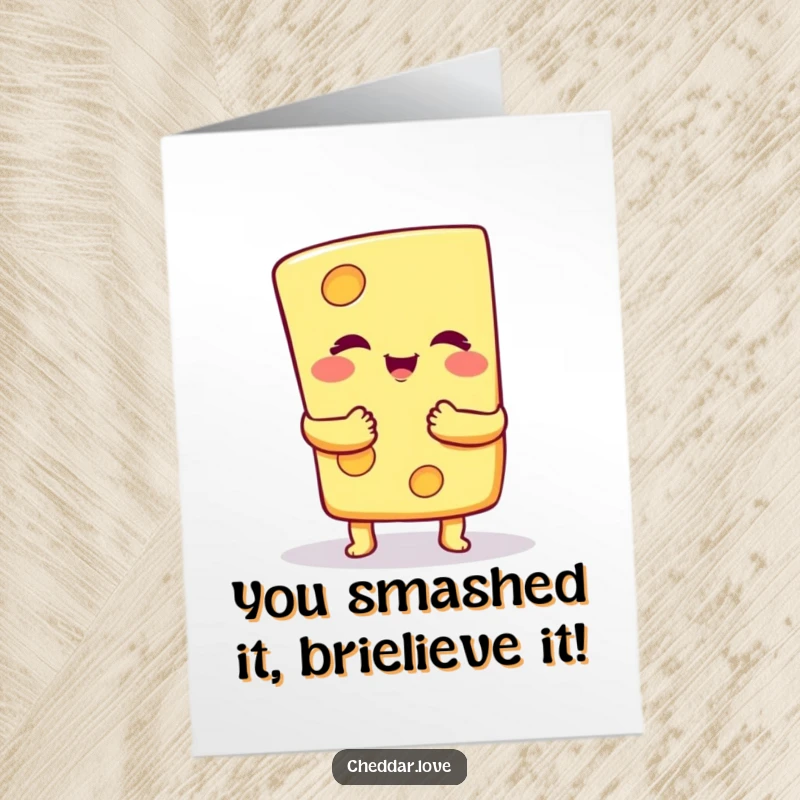 Funny Free Printable Congratulations Card showing a happy cheese slice character delivering a big, warm, congratulatory hug.