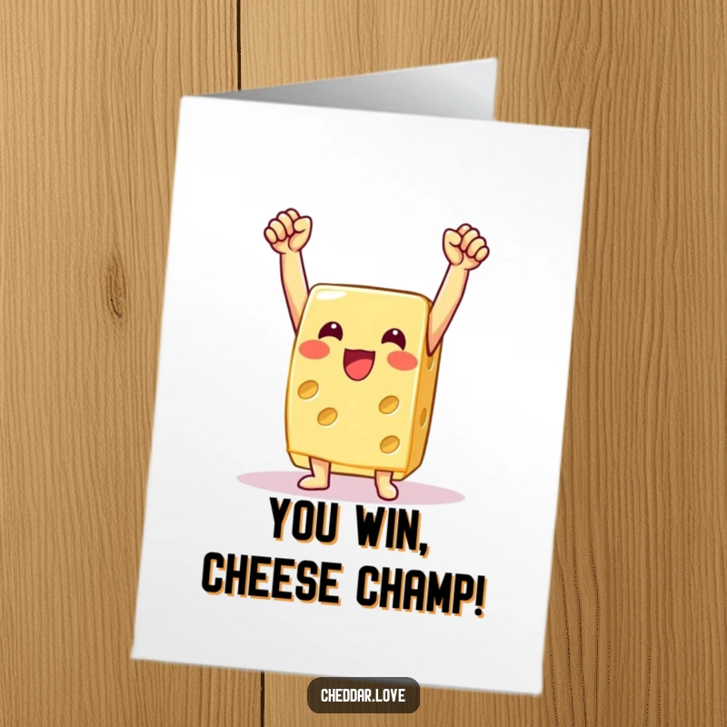 Funny Free Printable Congratulations Card: A victorious cheese wedge with arms raised in a triumphant celebration pose.