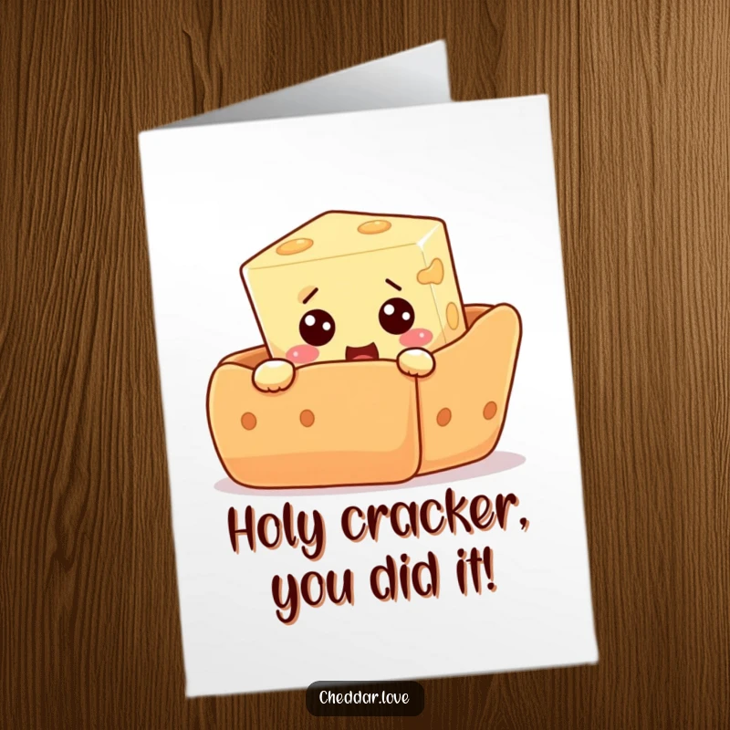 Funny Free Printable Congratulations Card: A cheese cube peeks out from behind a large cracker, looking utterly surprised.