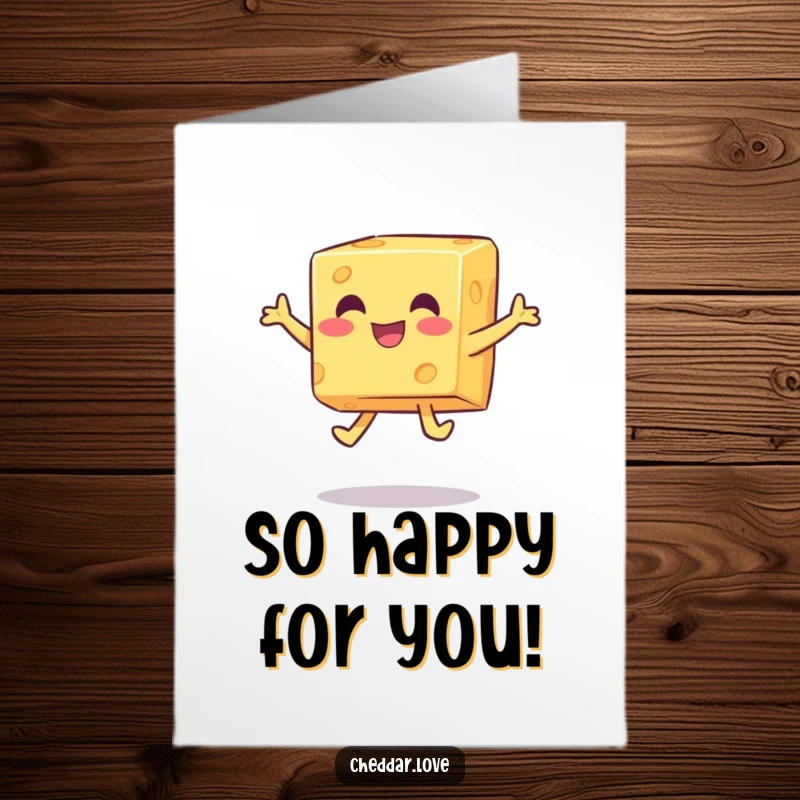Funny Free Printable Congratulations Card: A joyful cheese cube captured mid-playful jump, celebrating a big achievement.