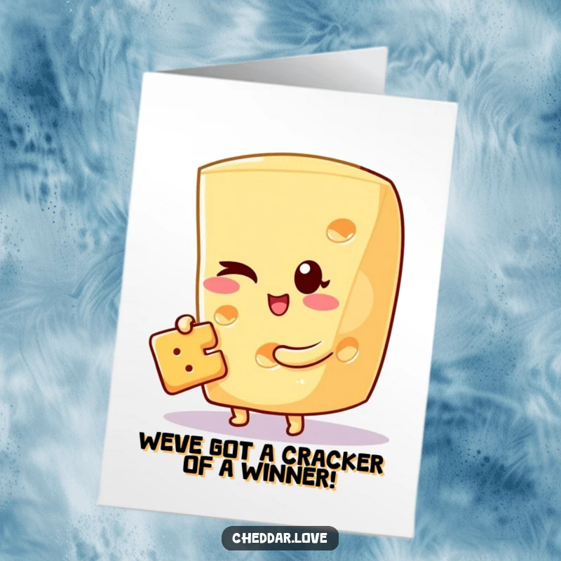 Funny Free Printable Congratulations Card featuring a cheese wedge winking and holding a tiny cracker, celebrating success.