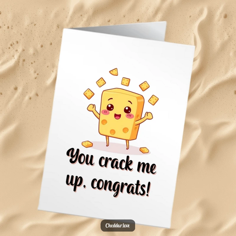 Funny free printable congratulations card, a happy cheese block expertly juggling tiny crackers, spreading joy and cheer.