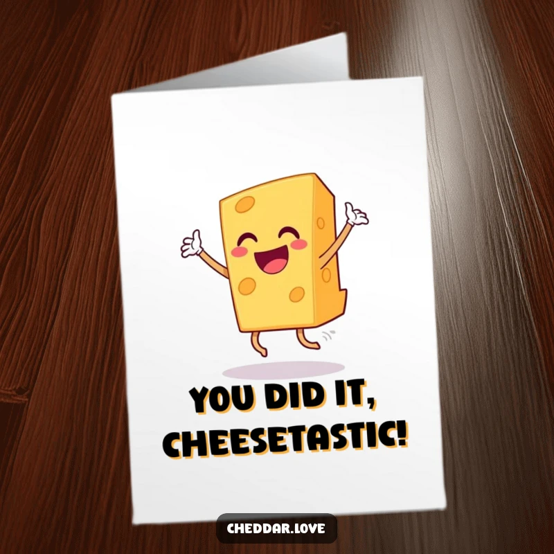 Funny Free Printable Congrats Card: A grinning cheddar cheese wedge performing a victory dance, celebrating an achievement with humor.
