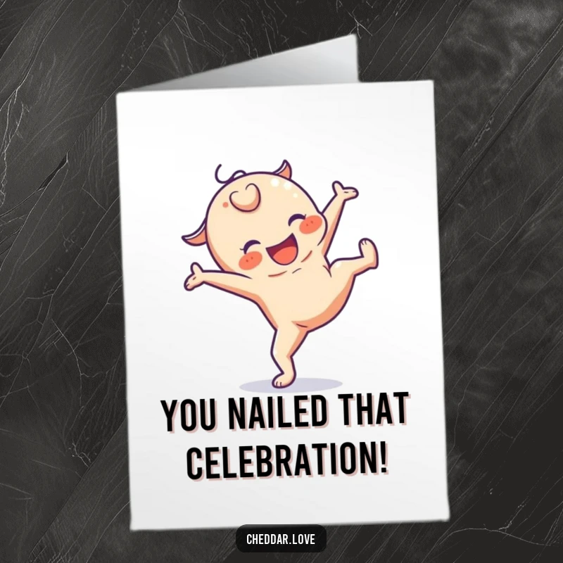 Funny Free Printable Congratulations Card of a cheesy character doing a celebratory cartwheel, radiating pure joy.