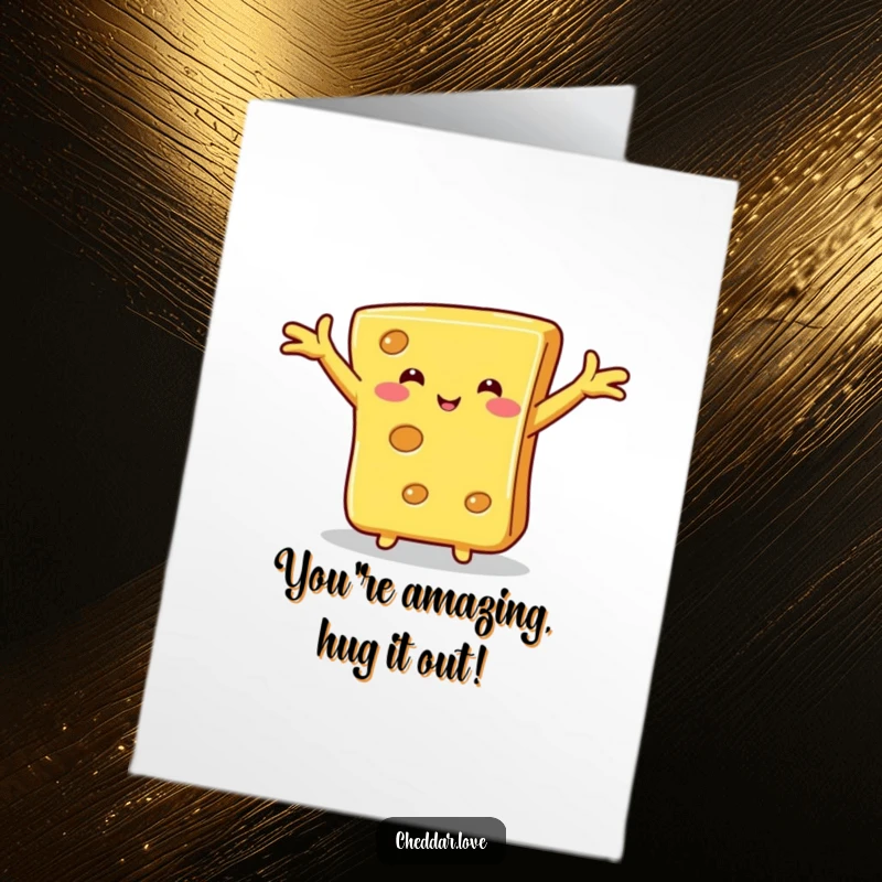 Funny Free Printable Congratulations Card: Slice of cheese with outstretched arms ready to give a congratulatory hug.