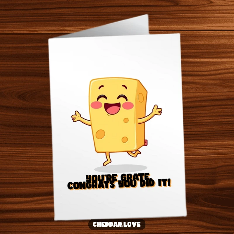 Funny Free Printable Congratulations Card: Grinning block of cheddar cheese doing a joyful jig to celebrate success.