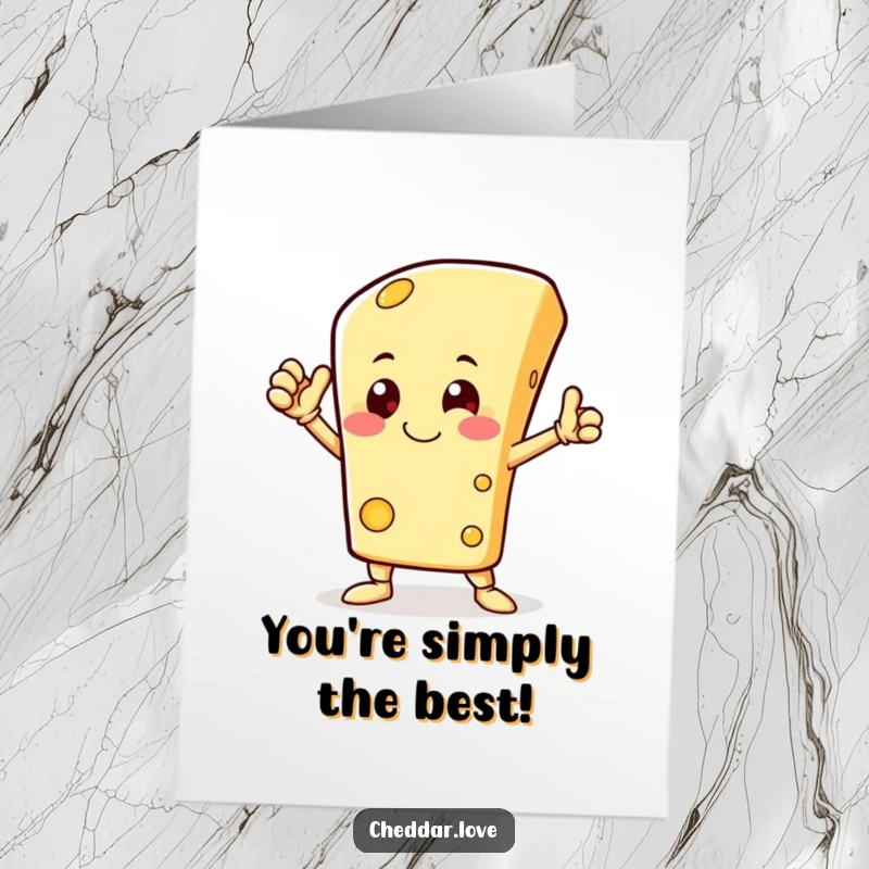 Funny Free Printable Congratulations Card: A happy cheese character strikes a heroic pose, celebrating a grand success.