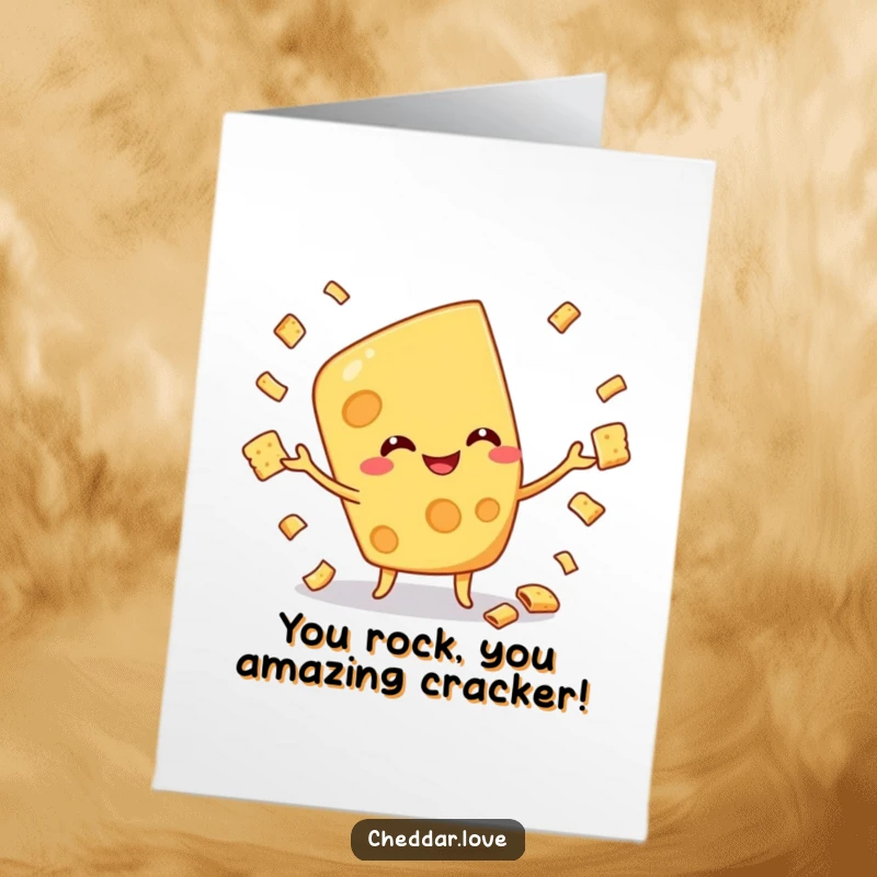 Funny Free Printable Congratulations Card: A happy cheese character juggling tiny crackers, celebrating an achievement.