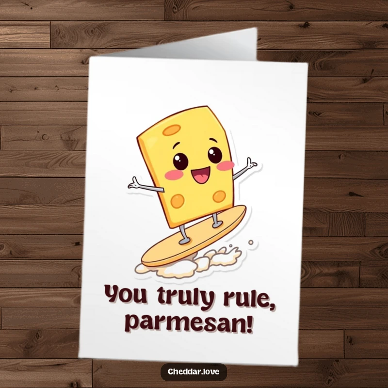 Funny Free Printable Congratulations Card featuring a stoked cheese wedge catching a wave on a potato chip, celebrating success.