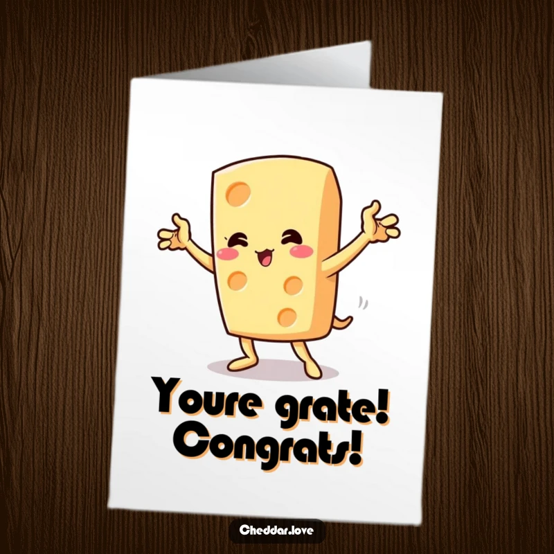 Funny Free Printable Congratulations Card: A cheese wedge in a dramatic, triumphant pose, celebrating your success with flair.