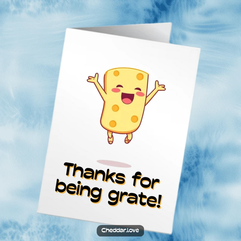 Funny Free Printable Thank You Card: A cheese chunk leaps joyfully in the air, expressing sheer excitement.