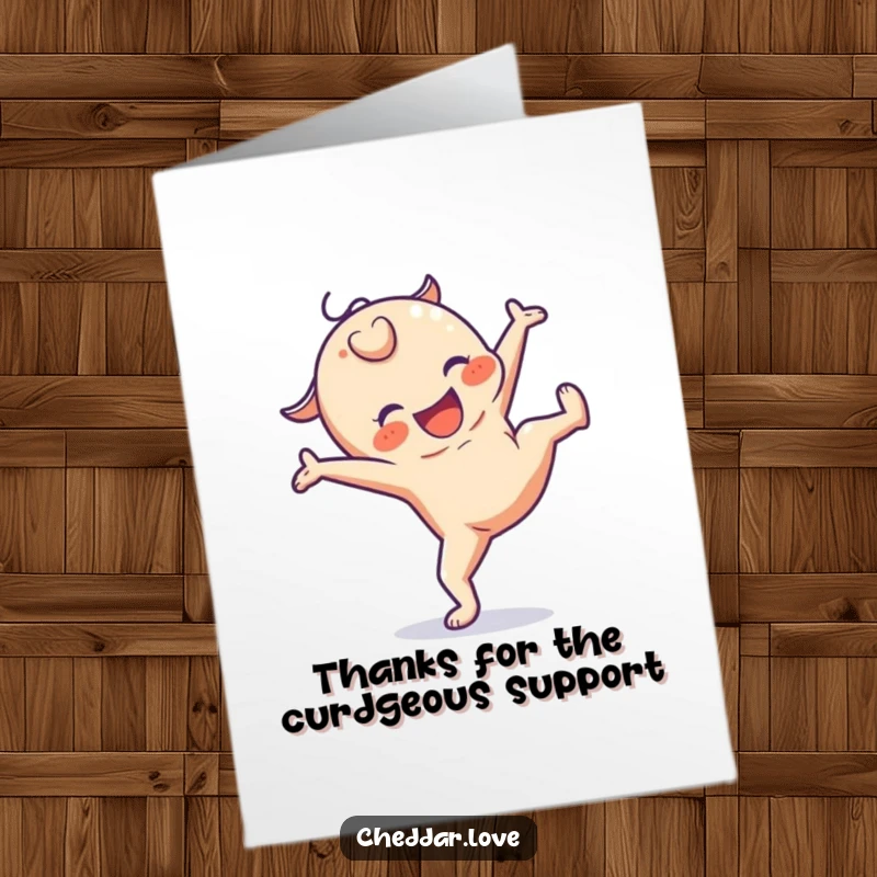 Funny Free Printable Thank You Card featuring a cheesy character performing a cartwheel to express sincere thanks.