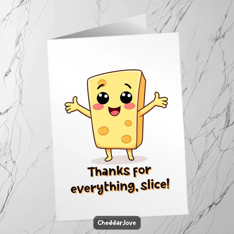 Funny Free Printable Thank You Card: A smiling cheese slice character greeting warmly with outstretched arms.