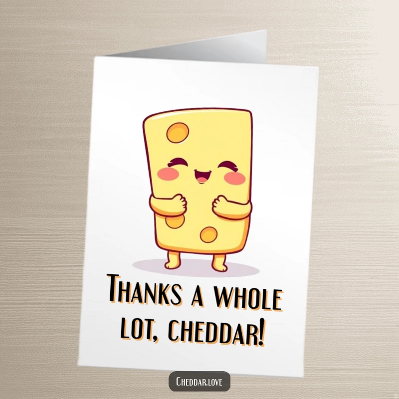 Funny Free Printable Thank You Card with a smiling cheese slice character offering a generous, thankful, cheesy hug.
