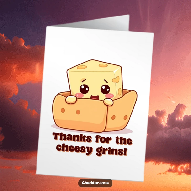 Funny Free Printable Thank You Card: A curious cheese cube peeking from behind a cracker with eyes wide in surprise.