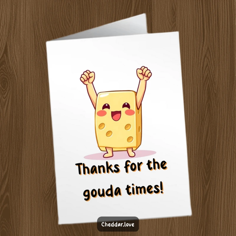 Funny Free Printable Thank You Card: A happy cheese wedge celebrating a victory with arms raised high.