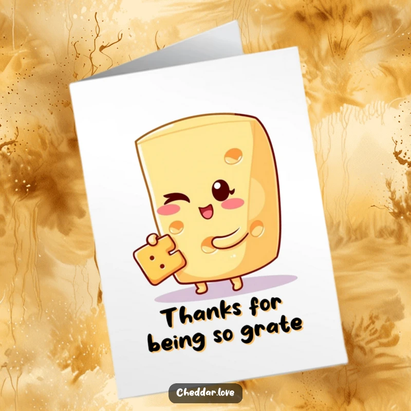 Funny Free Printable Thank You Card of a cheese wedge winking while holding a tiny cracker, conveying thanks.
