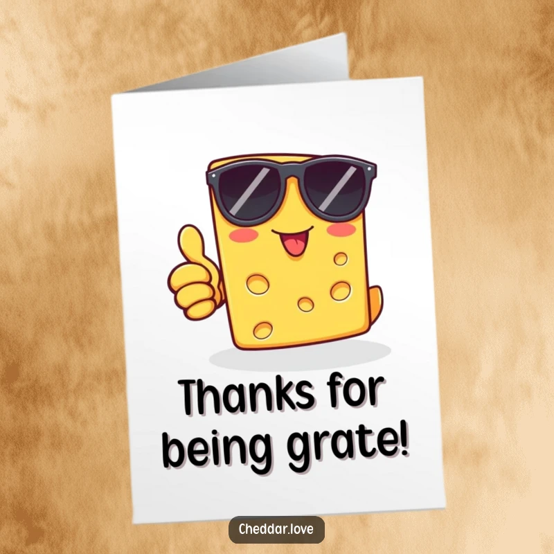 Funny Free Printable Thank You Card: Cool cheddar cheese slice in sunglasses gives a thumbs up, showing gratitude.
