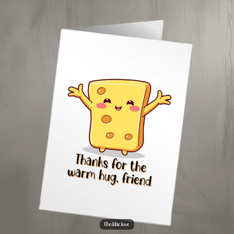 Funny Free Printable Thank You Card: Slice of cheese with outstretched arms ready for a thankful hug.