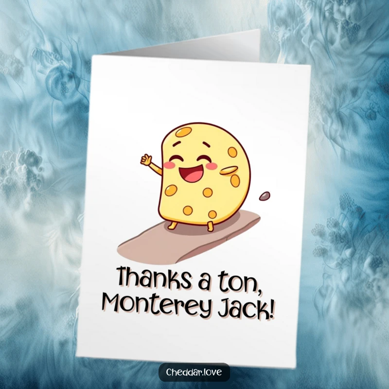 Funny Free Printable Thank You Card with a joyful cheese wheel rolling downhill, spreading thanks with a mischievous smile.