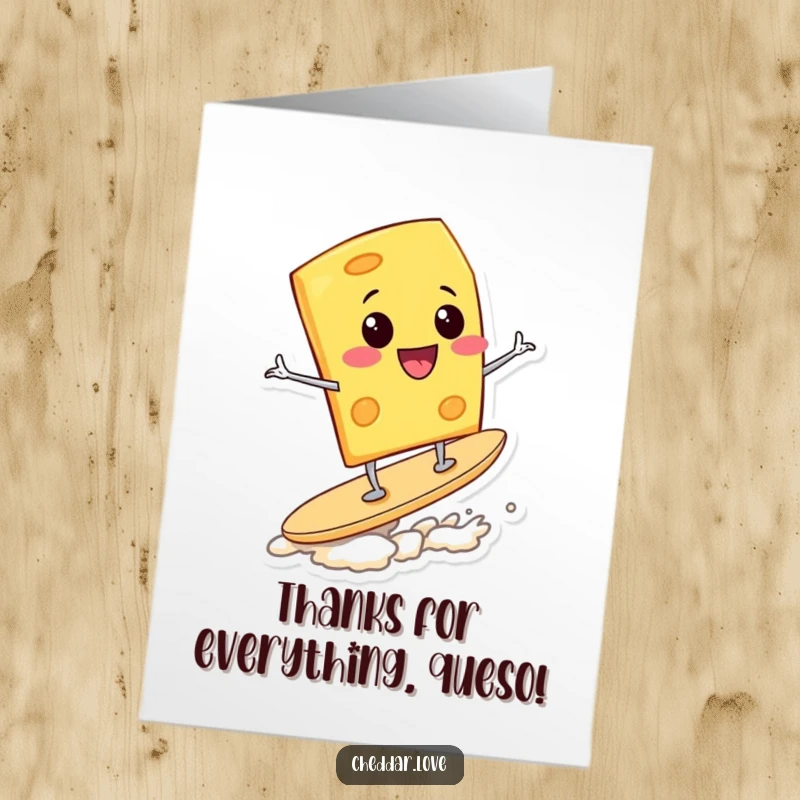Funny Free Printable Thank You Card with a happy cheese wedge riding a potato chip, conveying thanks with surfer style.
