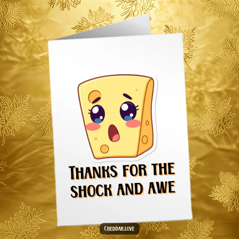 Funny Free Printable Thank You Card: A cheese slice with exaggerated surprise, wide eyes and open mouth, conveying thanks.