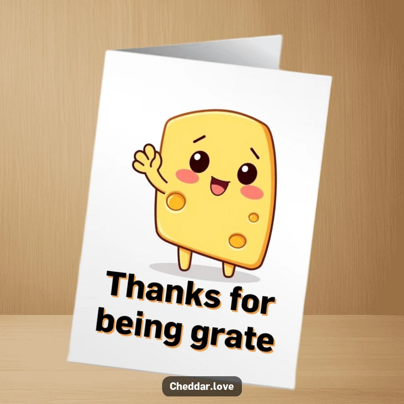Funny free printable thank you card: A wedge of cheese is waving enthusiastically, offering a cheesy thank you. So cheddar-ing!
