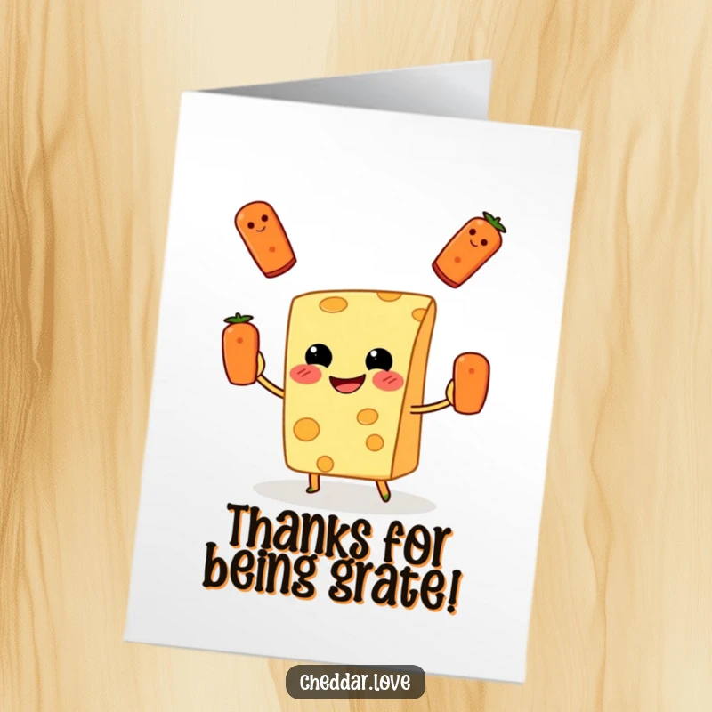 Funny Free Printable Thank You Card: a cheese slice gleefully juggles pepperonis, showing happy thanks.