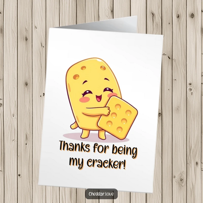 Funny free printable thank you card where a cheese character gives a large, loving hug to a cracker.