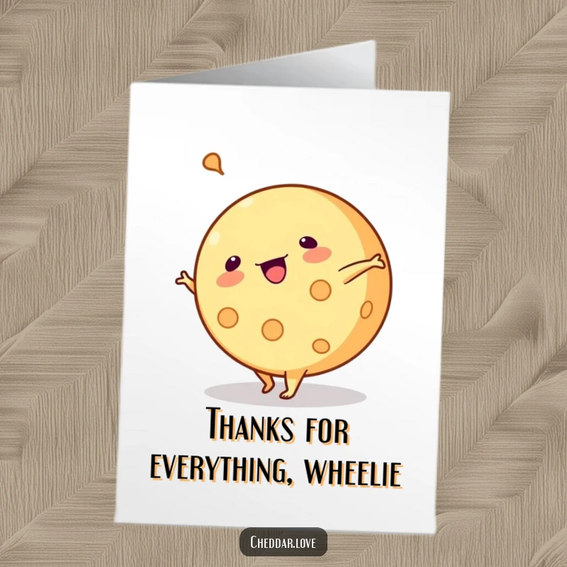 Funny free printable thank you card: A round of cheese executes a perfect cartwheel, a truly spirited thank you.