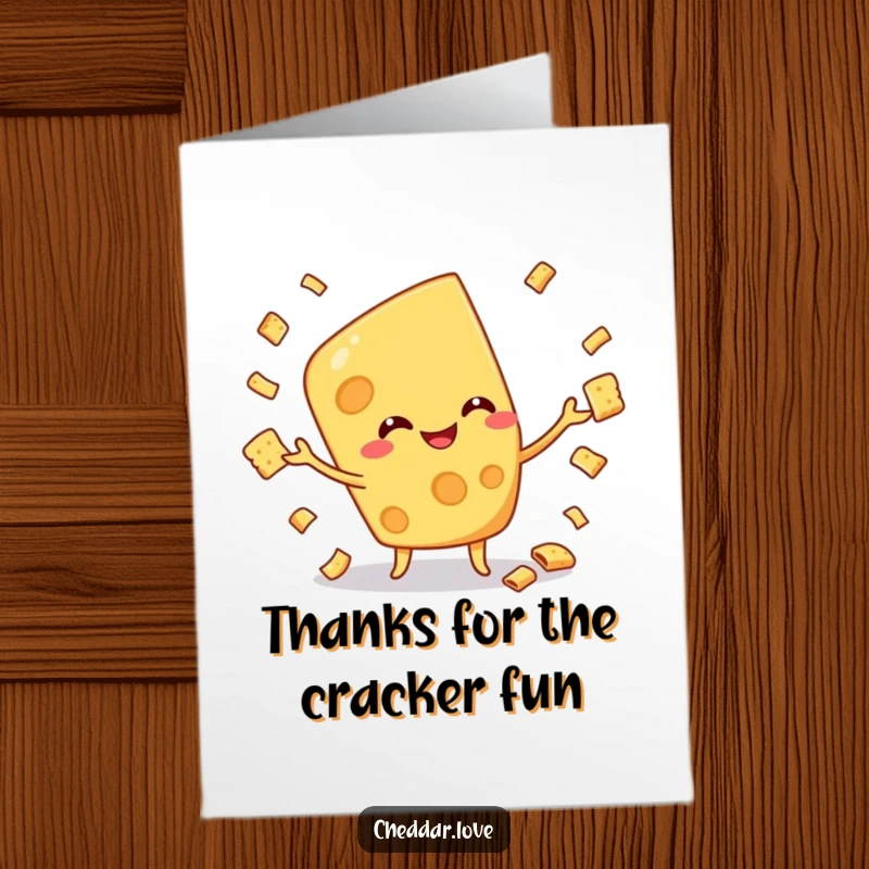 Funny Free Printable Thank You Card: A smiling cheese character juggling tiny crackers, expressing gratitude.