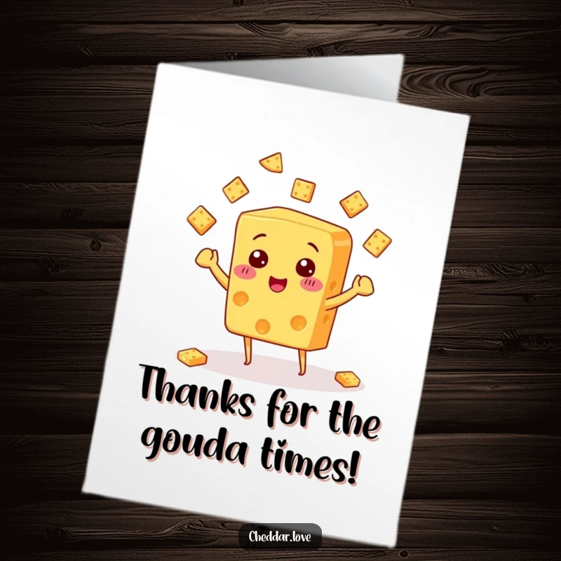Funny free printable thank you card, a smiling block of cheese mastering the art of juggling small crackers.