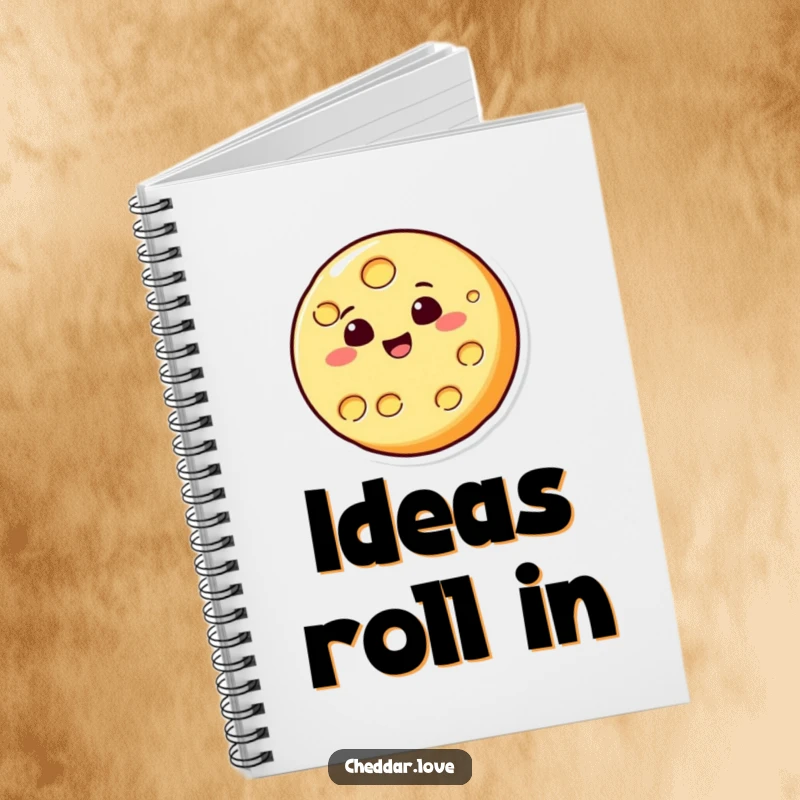 Funny notebook with a round cheese slice character happily bouncing, perfect for jotting down notes with a dose of humor.